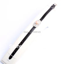 Хороший подарок 9 мм довольно Vogue розовый пресноводный жемчуг из черной кожи со стразами Bracelet8." W436