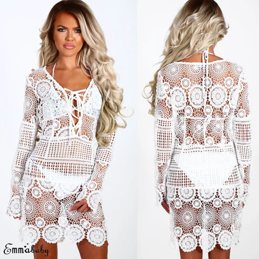 

2019 Summer Women White Bikini Cover Up Lace Hollow Crochet Swimsuit Cover-Ups Bathing Suit Beachwear Tunic Beach Dress Hot