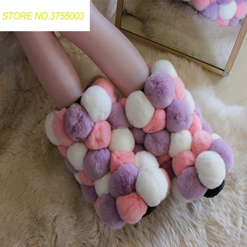 

New Women Multi-color Rabbit fur Bobbles Mid calf Snow Boots Ladies Ball Patched Warm Plush Slip on Knight Winter Fur Boots
