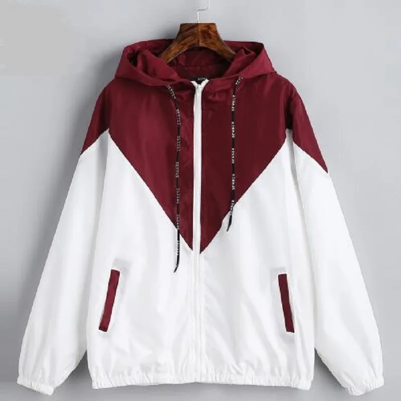 

Spring Autumn Jacket Women Fashion Hooded Two Tone Windbreaker Jacket Zipper Pocket Casual Feminino Coats Outwear chaqueta mujer