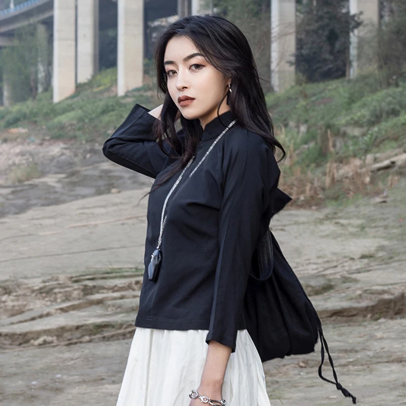 discounted  [EAM] 2020 New Autumn Winter Stand Collar Long Sleeve Black Loose Slanting Threshold Short Jacket W