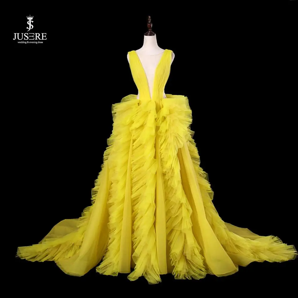 JUSERE robe de soiree Yellow Evening Dress Long V-Neck Open Back Sweep Train Puffy Evening Dresses Gowns vestido de festa longo JUSERE robe de soiree Yellow Evening Dress Long V-Neck Open Back Sweep Train Puffy Evening Dresses Gowns vestido de festa longo