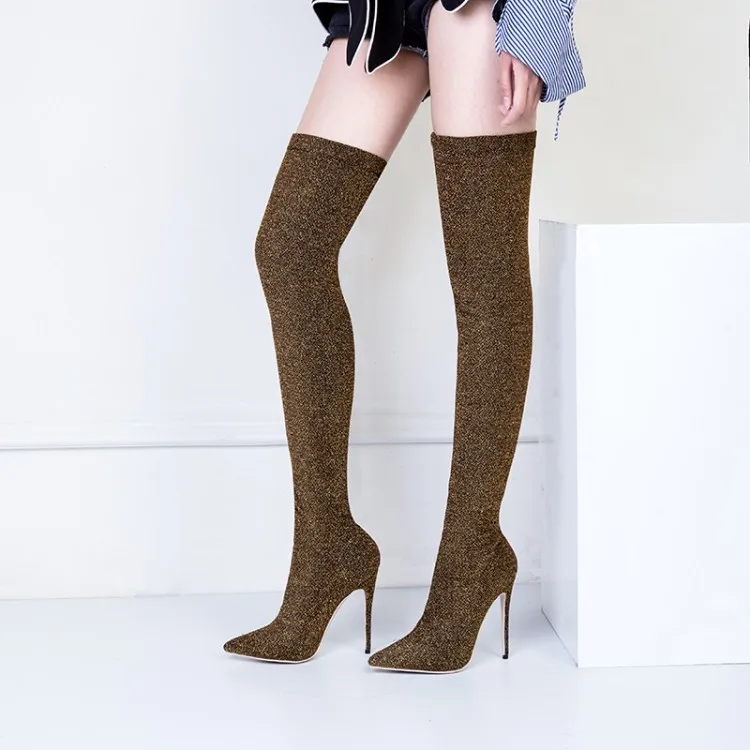 

Abesire Woman Bling Glitter Slip-on Slim Sock Boots Ladies High Heels Pointed Toe Microfiber Elasticity Over-the-knee Boots