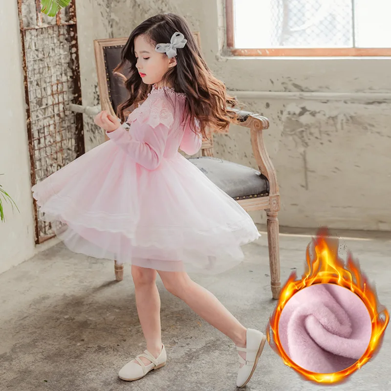 

Girl Pink Princess Dress 4-14 Yrs Baby Costume Elegant Winter Velvet Warm Lace Tulle Dresses For Girls Children Clothing