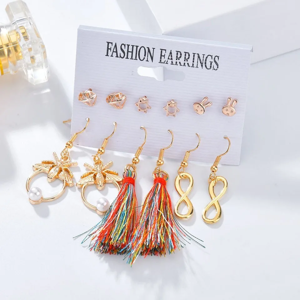 

6Pairs/set Korean Drop Earrings For Women Tassel Number Bees Pearl Design Earrings Trendy Handmade Earings Wedding Jewelry