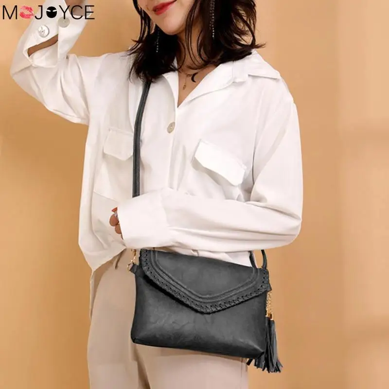 

Vintage Women Solid Color Tassel Flap Shoulder Messenger Handbags PU Leather Satchel Envelope Crossbody Bags Shoulder Bag