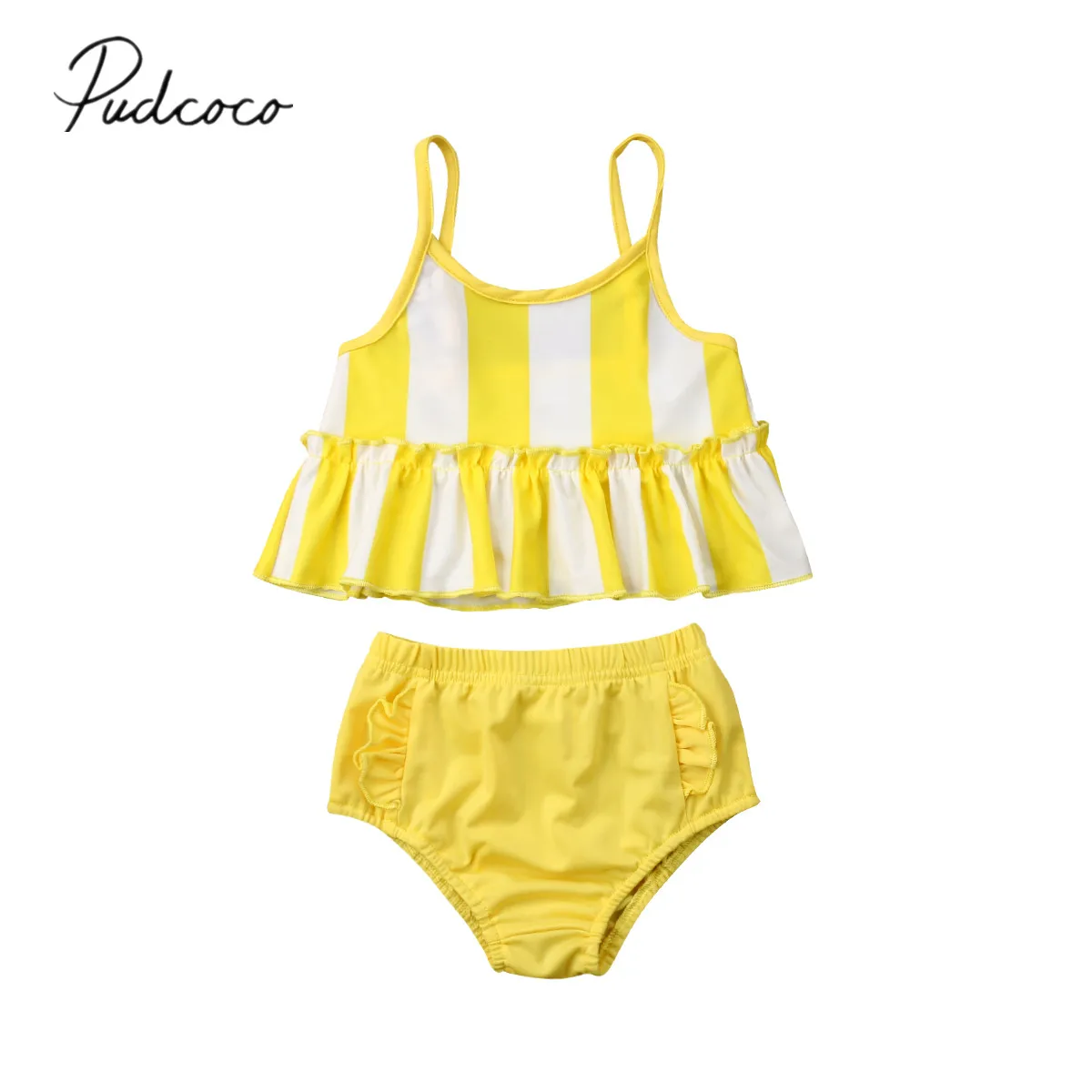 

2019 Brand New Summer Toddler Kids Baby Girl Stripe Swimwear Bikini Set Sleeveless Yellow 2Pcs Sets Swimsuit Bathing Suit 6M-5T