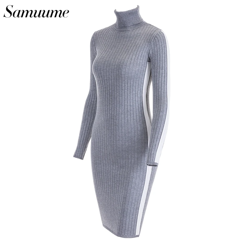 Samuume 2019 Autumn Winter Women Striped Knitted Dresses Long Sleeve Turtleneck Sheath Midi Bodycon Sweater Dress 1810064 | Женская