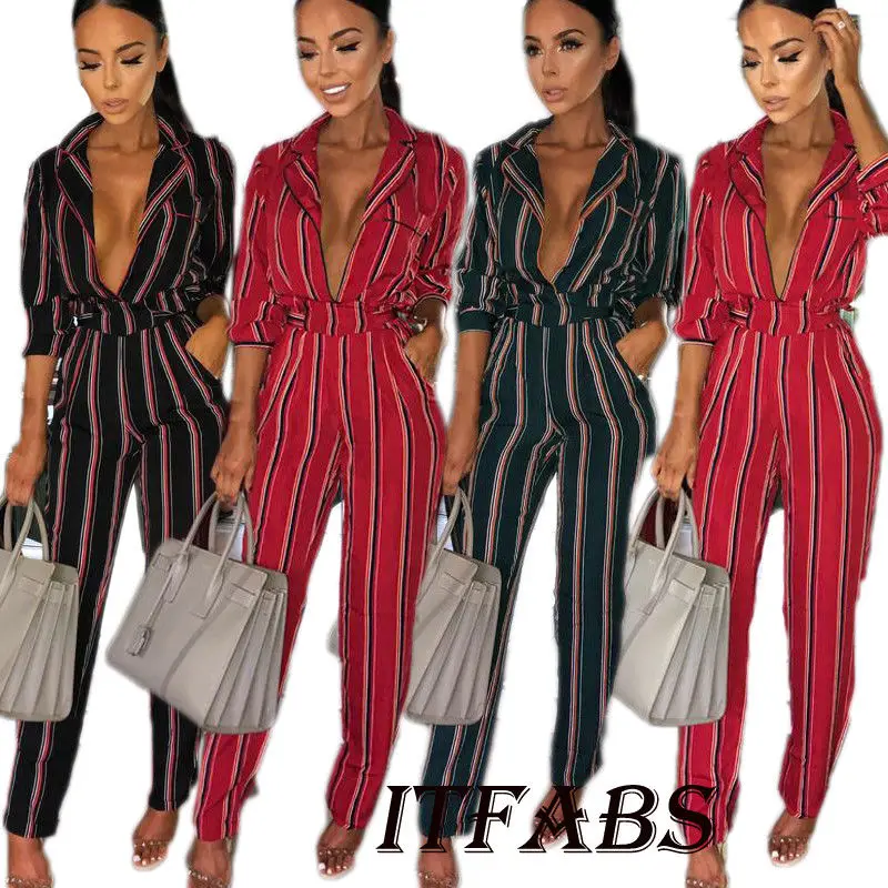 

Rompers NEW Women Ladies Clubwear V-Neck Striped Long Sleeve Playsuit Bodycon Party Jumpsuit Romper Trousers