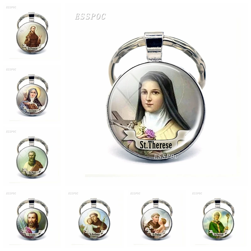 

ST THERESE Keychain Religious Medal Saint Christian Keyring St Therese Gift Jewelry Religious Cabochon Religious Key Ring Chain