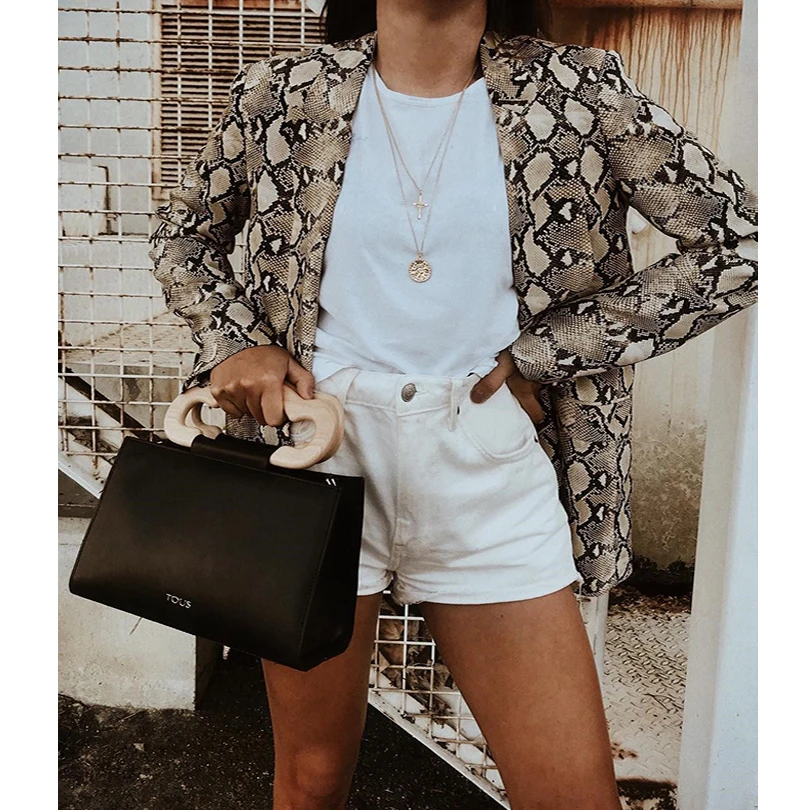 2019 Spring Women Snake Print Blazer England Style Pockets Long Sleeve Slim Vintage Blazers Jackets Female Outerwear Plus Size