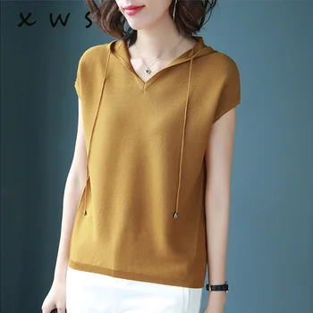 

short sleeve knit hooded Elastic Sweaters and Pullovers for Women summer Sweater Female Jumper thin Knitted Brand Tops 2019