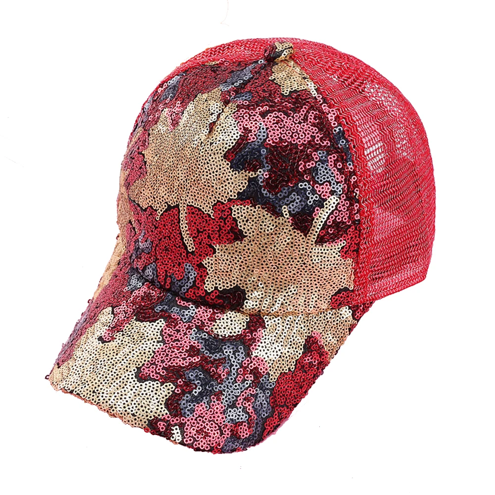 

Summer Mesh Hat Sequins Maple Leaf Print Baseball Caps Korean Harajuku Sun Hats Ponytail Snapback Adjustable Hip Hop Cap Outdoor
