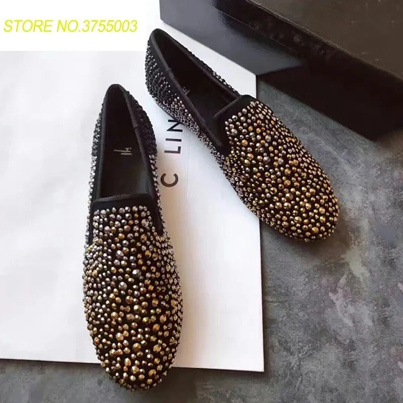 

NEW Women Loafers Shoes Round Toe Bling Sequins Gold Silver Rhinestone Wedding Shoes Slip On Rivets Genuine Leather Shoes 35-40