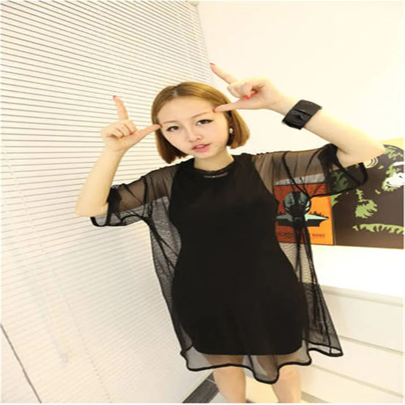 

Women Fashion See through Sheer Mesh Half Sleeve T Shirt Oversize Tops Tee Shirts Perspective Solid Black and White Sexy
