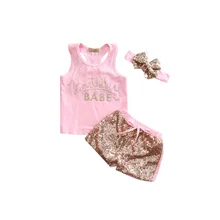 Модная Милая Одежда для новорожденных девочек от 0 до 24 месяцев пуловер без рукавов с круглым вырезом розовый жилет с надписью топы с блестками шорты и повязка на голову комплект из 3 предметов