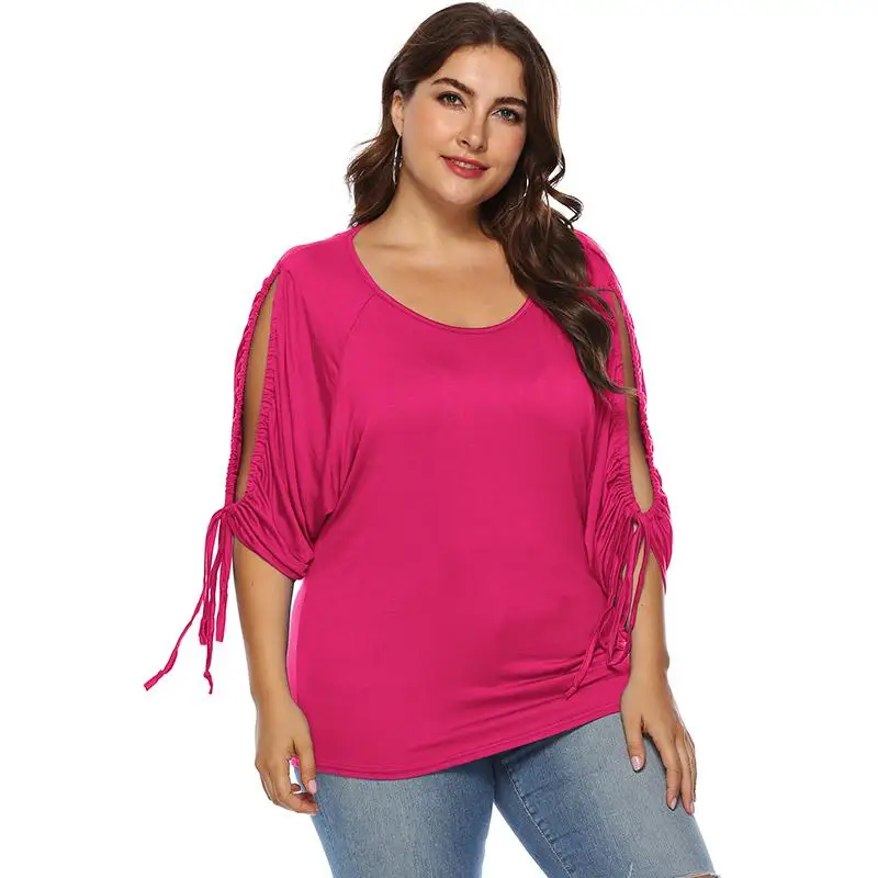 

Sexy Women Plus Size Cold Shoulder T-shirt Drawstring Raglan 3/4 Sleeves O Neck Solid Color Tees Oversized Tshirts Casual Tops