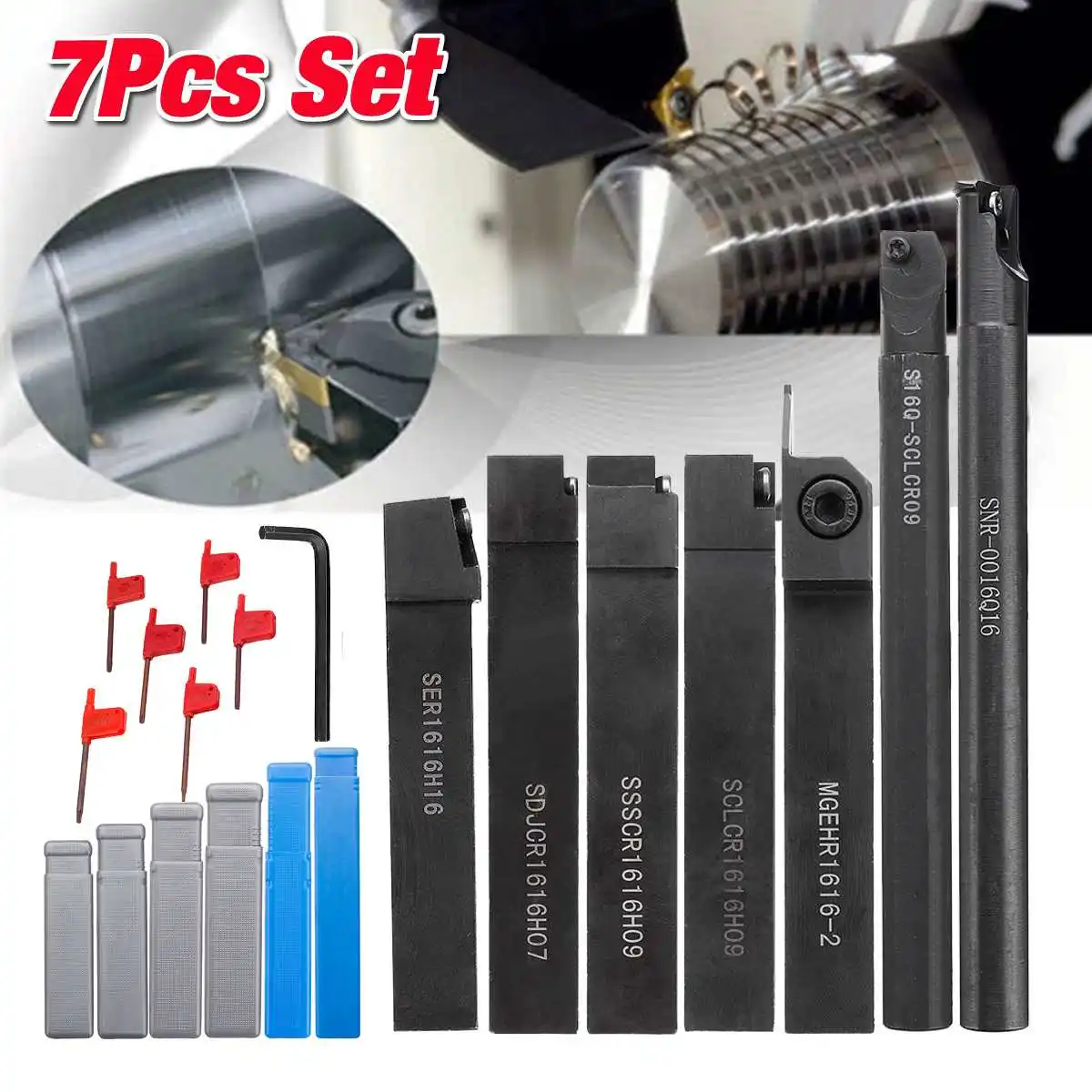 

7PCS Set 16mm Turning Tool Holder Boring Bar CNC Tools Lathe Cutting Cutter + T15 Wrenches