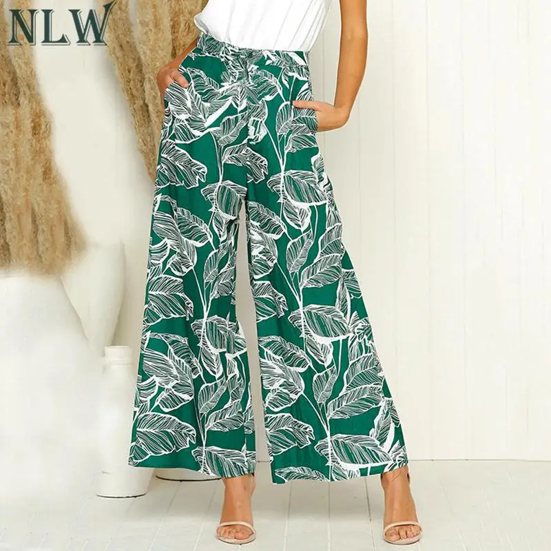 NLW для женщин Праздник Boho печати длинные брюки для девочек Лето 2019 г. Повседневное Высокая талия широкие брюки пляжные брюки Женская мода