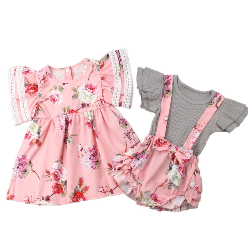 

Baby Girls Sister Match Summer Clothes Princess Kids Floral Bow Dress Bodysuits Overall Shorts Toddler Party Wedding Clothes