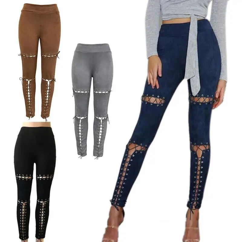 Для женщин брюки с прорезями отверстия бинты Bodycon джинсы сексуальный досуг брюки карандаш Solid Цвет девять брюки