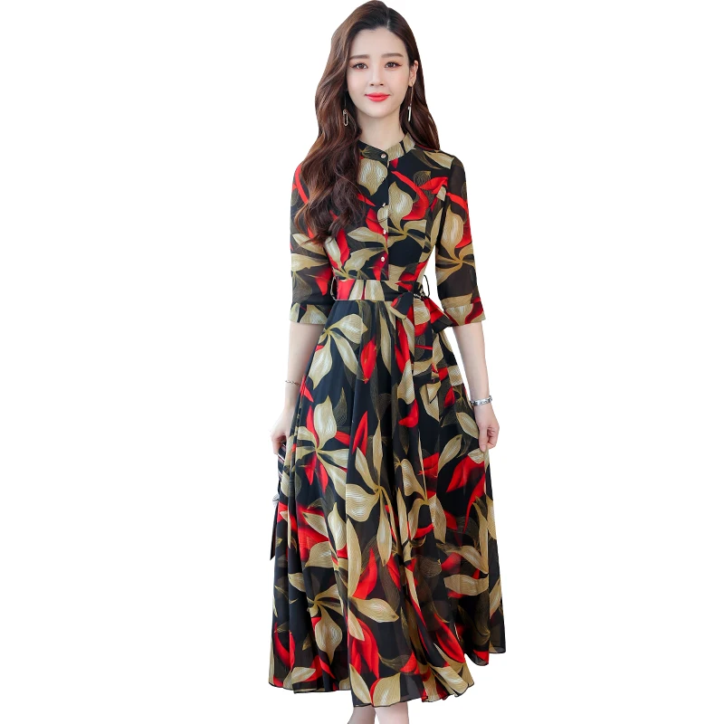 Весеннее шифоновое платье с принтом, повседневные темпераментные женские длинные платья с цветочным рисунком, вечерние платья, Vestido M-3XL размера