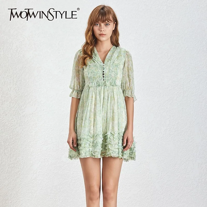 

TWOTWINSTYLE Summer Print Dress For Women V Neck Flare Sleeve Button High Waist Ruffles Mini Dresses Female Fashion New Tide