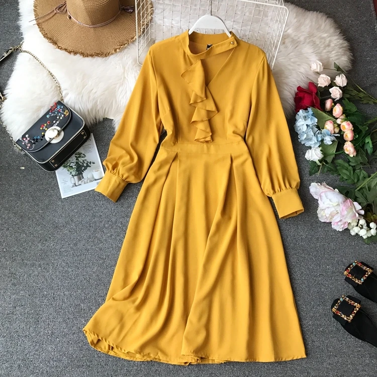 

Elegant Yellow Hollow Out Neck A Line Long Chiffon Dress Women Sundress