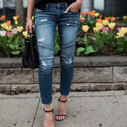 Для женщин джинсовые узкие брюки рваные разрушенные плиссированные штаны узкие Стрейчевые джинсы карандаш мотобрюки