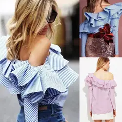 Женская Осенняя Повседневная Блузка с длинным рукавом, топы с оборками в полоску, свободная рубашка с одним плечом, топы больших размеров