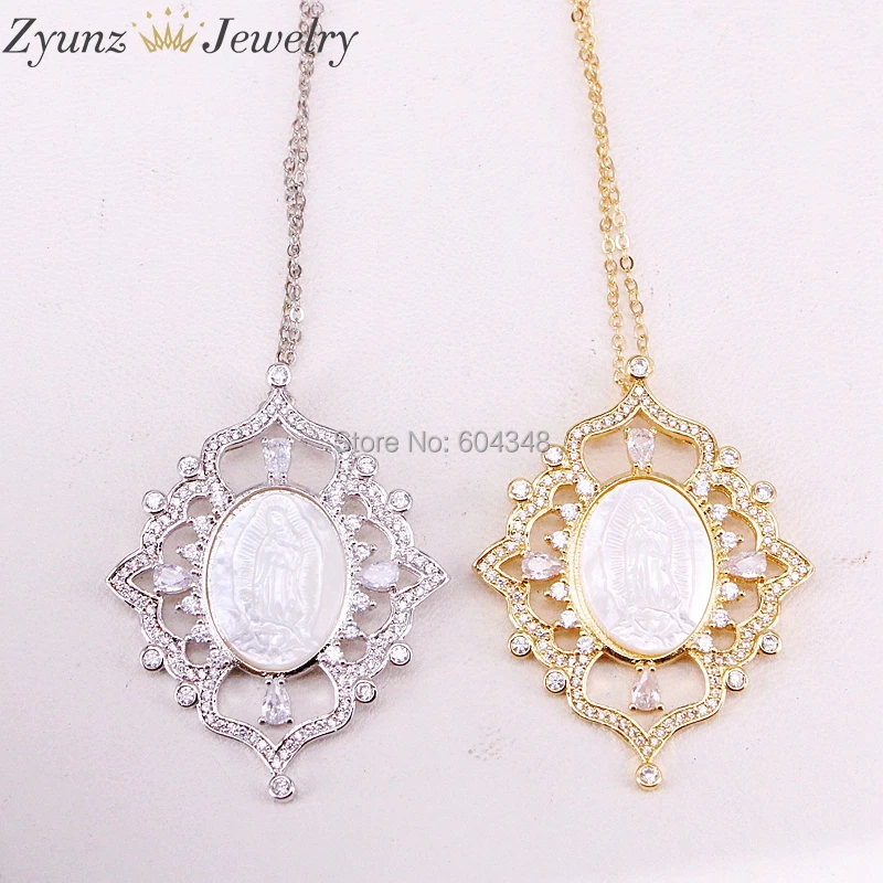 

5 Strands ZYZ323-8697 CZ micro Pave Oval Mary Jesus MOP shell Focal Necklace, white silver/gold color mother of pearl pendant
