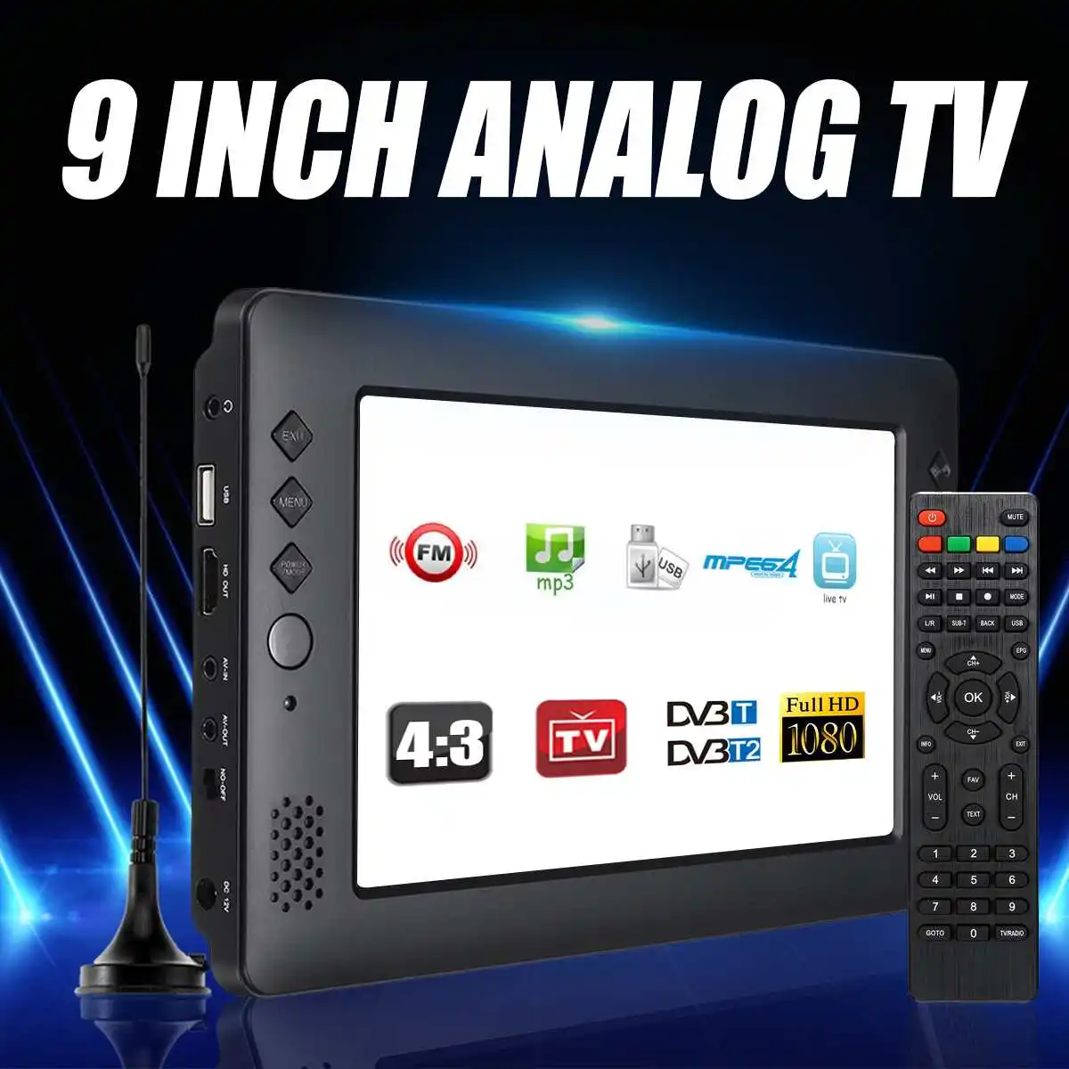 

12V 9 inch HD Portable Mini WiFi Digital and Analog TV DVB-T2 DVB-T DTV ATV Car Smart Television USB TF Card MP4 for Home Car
