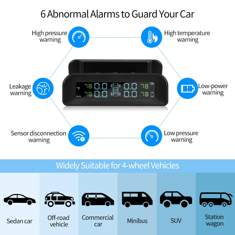 

Solar Power USB TPMS Car Tire Pressure Monitoring System Real-time Tester Digital LCD 4 External Sensor Auto Tyre Security Alarm