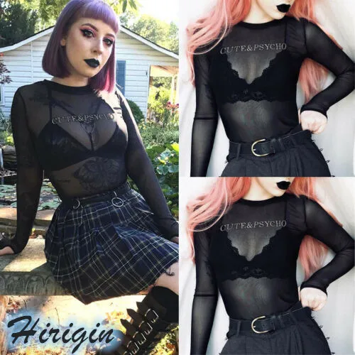 

Summer Bodysuits 2019 New Womens O-Neck Long Sleeve Sexy Mesh See Though Bodysuit Black Letter Print Bodysuits