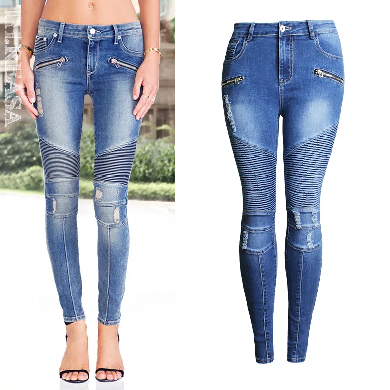 

Plus Size Blue Moto Jeans Women Zipper Stretch Skinny Jeans Long Ripped Biker Jeans For Women Motocross Pencil Denim Trouser Pan
