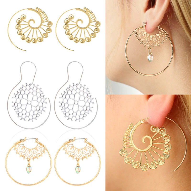 

1Pair Silver Gold Hollow Out Heart Zircon Bohemian Vintage Trendy Swirl Round Big Circle Geometry Water Drop Crystal Earrings