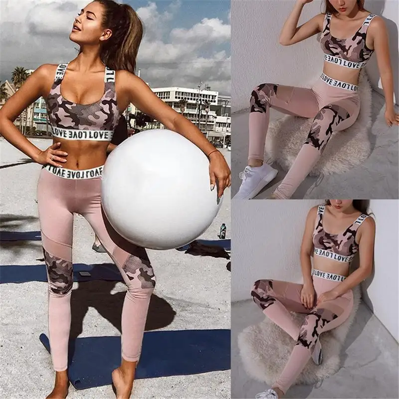 

2019 New Women's Camouflage Print Sport Wear Top Long Trousers Outfit Set Hollow Grenadine Vest For Running / Training /yoga