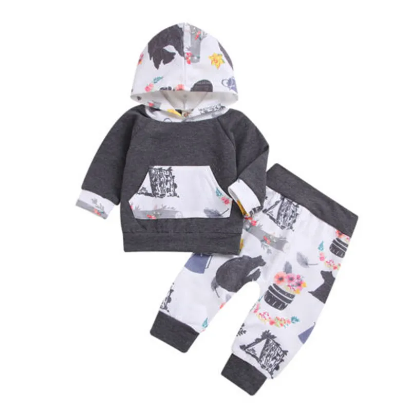 

2019 Spring New Arrival Cute Bear Flower Print Baby Boys Clothes Set Fashion Gray Hoodies Pants Baby Kids Clothing Set Outfits