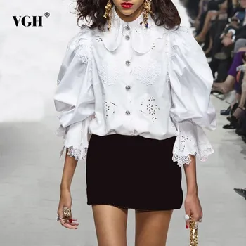 

VGH 2020 Summer Hollow Out Embroidery Shirt For Women Flare Sleeve Lapel Collar Button Slim Clothing Top Female Fashion New Tide