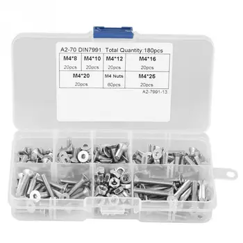 

180pcs M4 304 Stainless Steel Flat Head Bolt Screws Nuts Assortment Kit with Box High Quality