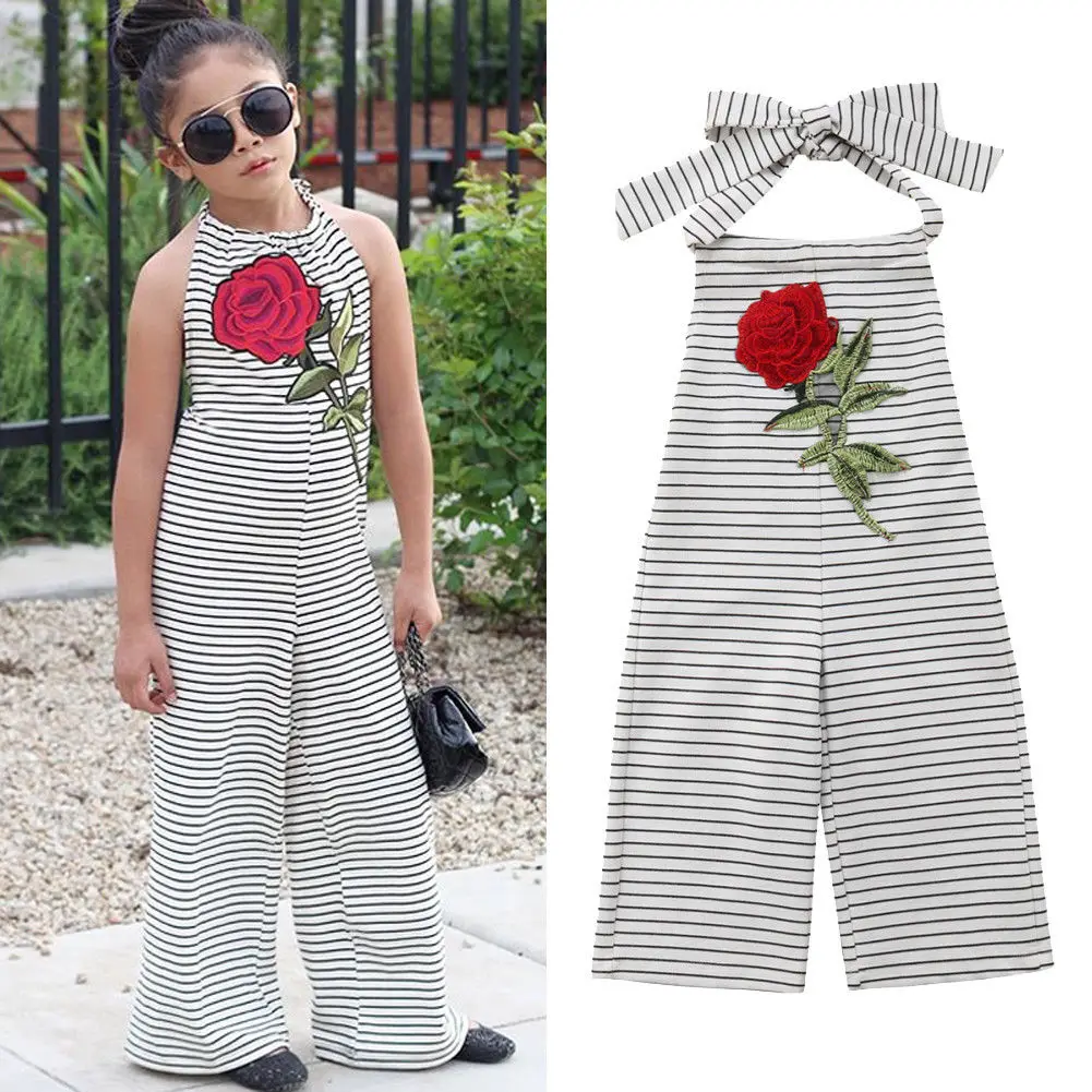 

2019 Summer Neck Cute Toddler Kids Baby Girl Summer Striped Flower Romper Jumpsuit Outfit Fashion Clothes