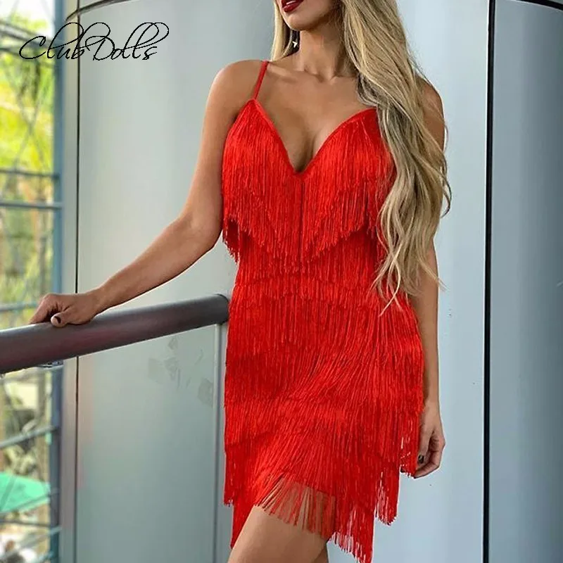 

V Neck Tassel Sexy Cocktail Dresses Mini Backless Back Zipper Party Dress Strap Summer Women Gown