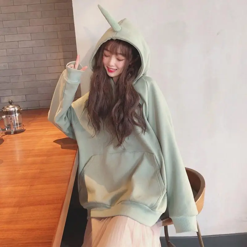 MISSKY Autumn Winter Women Sweatshirt Solid Color Cute Teletubby Design Sweatshirt Hoodies Loose Pullover Casual All-match Top