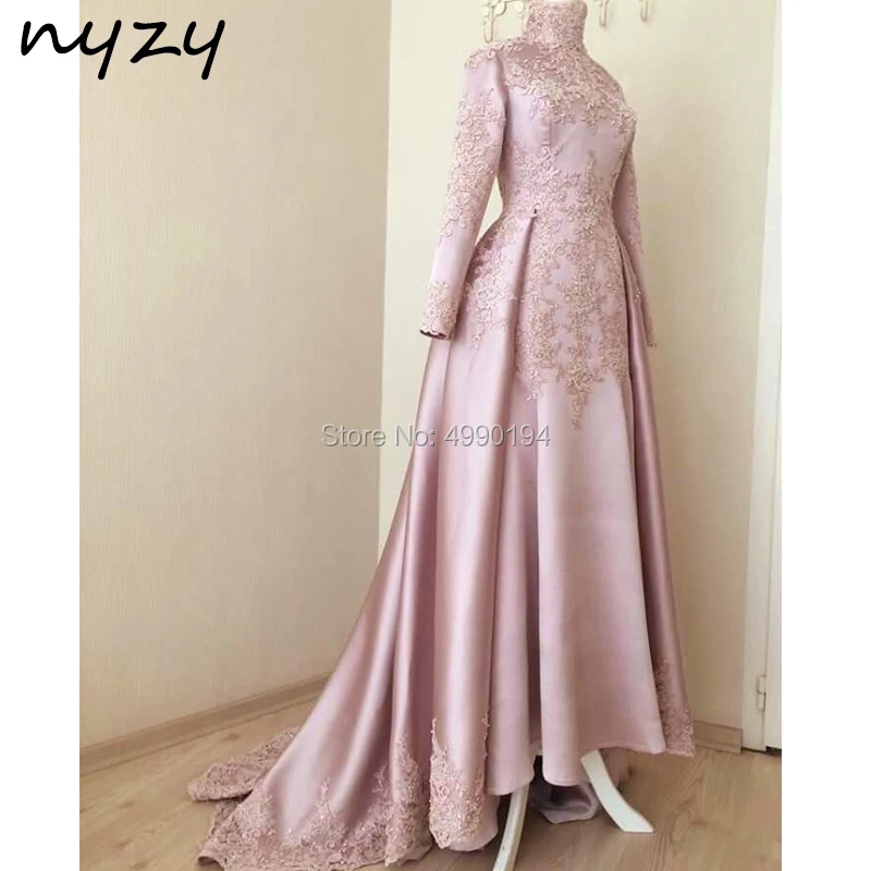 Nyzy Mw22 Muslim Evening Dress Elegant Hijab Robe Soiree Dubai Long Sleeves Pink Satin Lace Abiye Elbiseler Gelinlik 2019 Buy At The Price Of 132 05 In Aliexpress Com Imall Com
