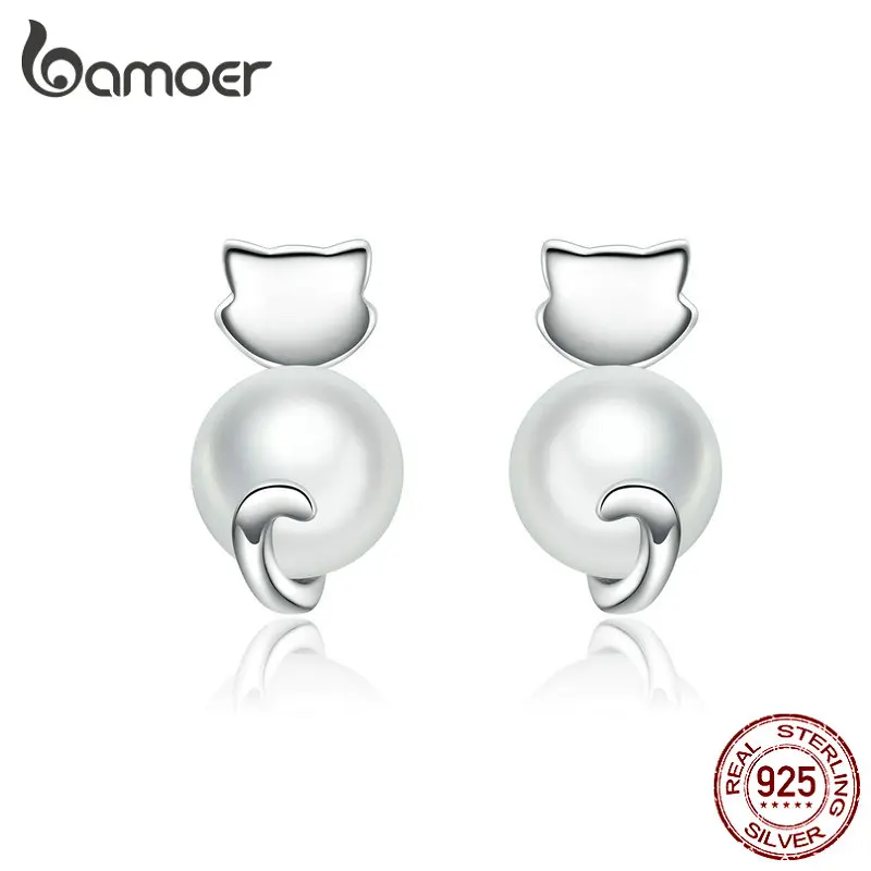 

BAMOER Pearl Cat Stud Earrings for Girl 925 Sterling Silver Pet Kitty Silver Ear Studs Anti-allergy Earing for Girl GXE617