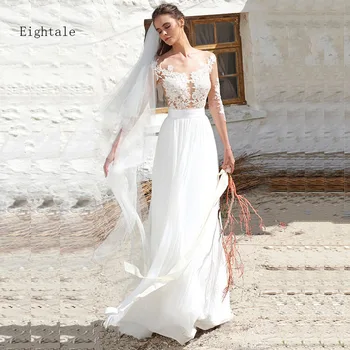 

Eightale Long Sleeve Boho Wedding dress Appliques See Through Top Chiffon Skirt Button Back bridal Gown Beach Wedding Gowns 2019