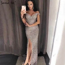 Роскошные Серебристые вечерние платья с открытыми плечами, модные вечерние платья с бусинами и бриллиантами LA6653