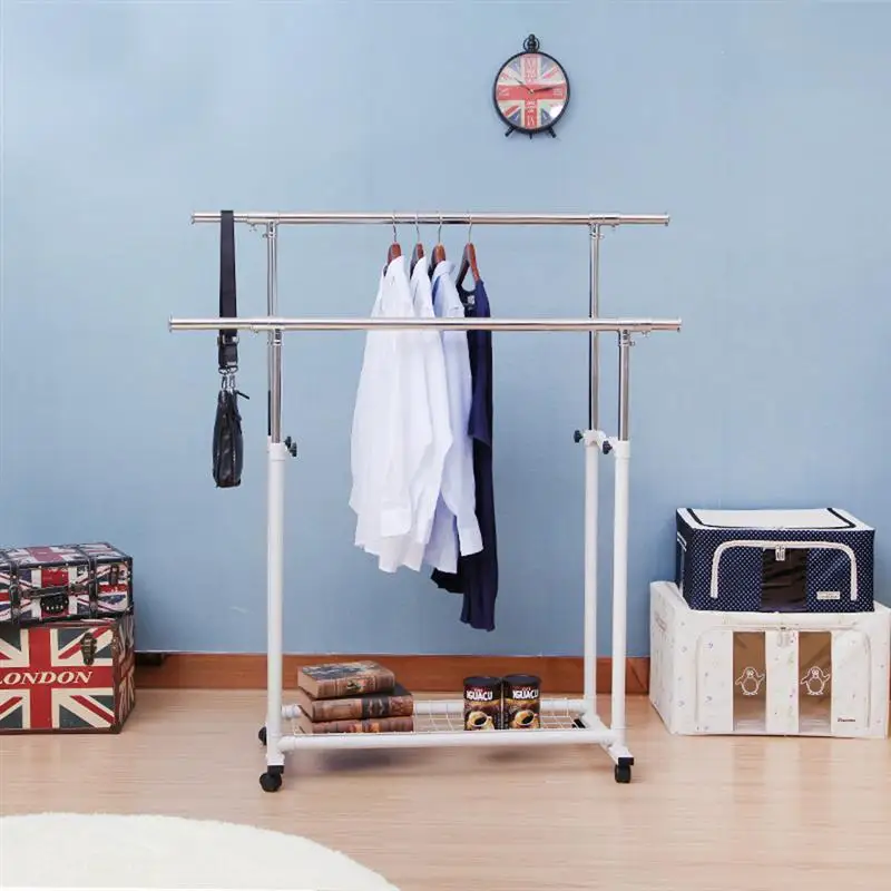 

OUNONA Multi-function Retractable Double Rods Drying Rack Cloth Drying Stand Clothes Laundry Hanger with Wheels