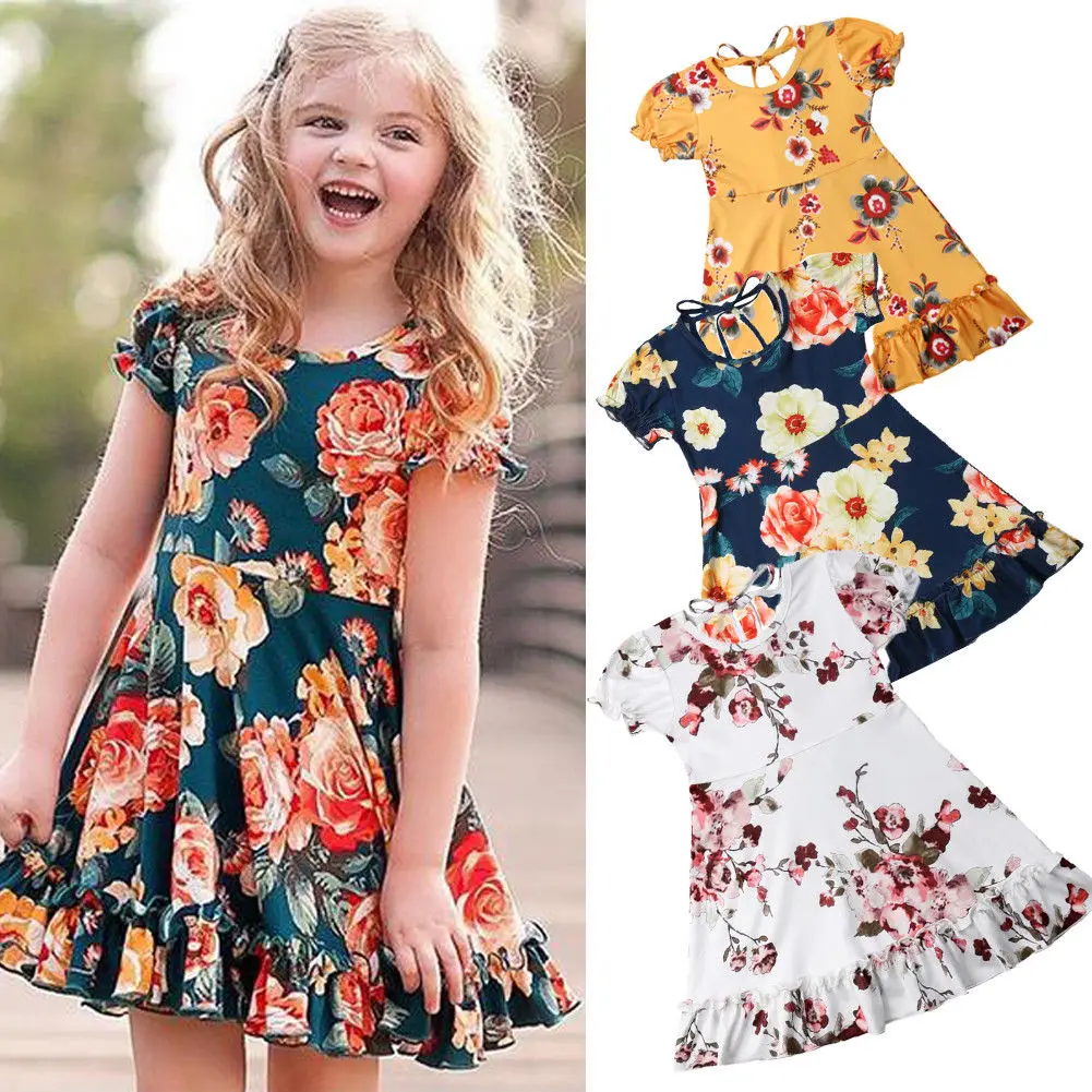 Spring Summer Toddler Kid Baby Girls Dress Cotton Floral Party Pageant