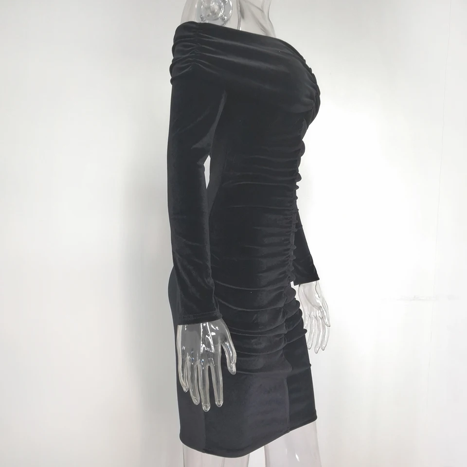Karlofea, осенне-зимние Бархатные вечерние платья для женщин, элегантные наряды с открытыми плечами и длинным рукавом, одежда размера плюс XXL, Черное мини-платье